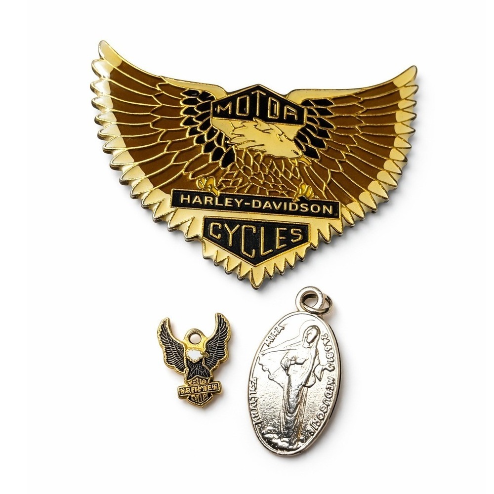 Vintage Harley Davidson Eagle Wing Pin Charm and Religious Medal Lot 3pc